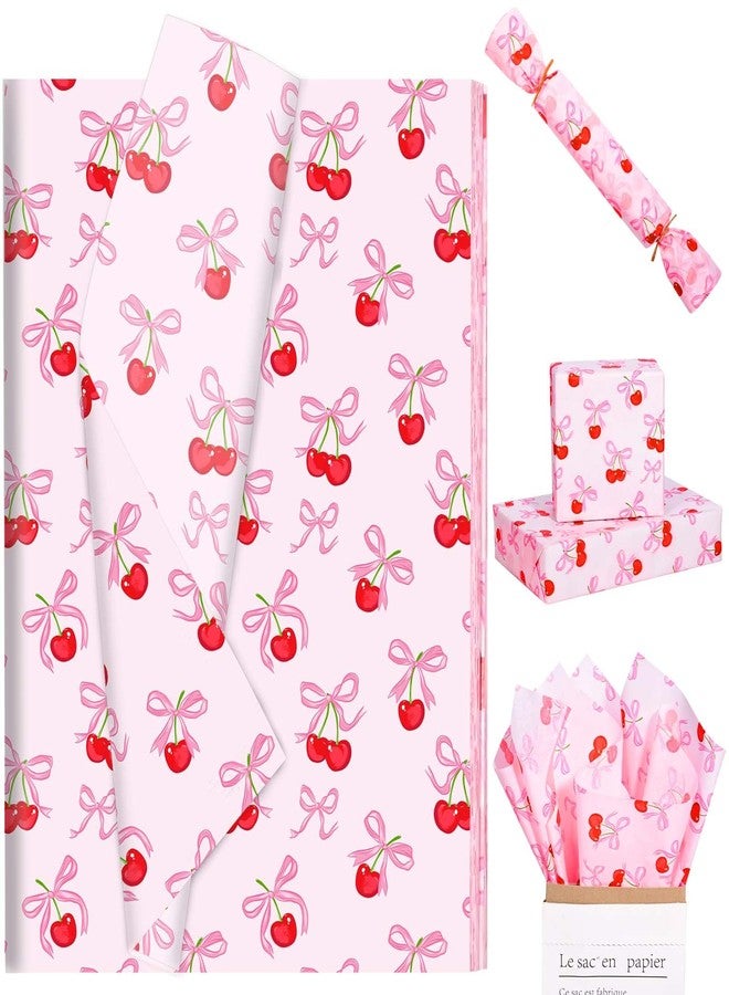 Sanixin 100Pcs Pink Bow Cherry Tissue Paper Sweet Bowknots Red Cherry Printed Tissue Paper for Birthday Party Bags DIY Craft - Image 1